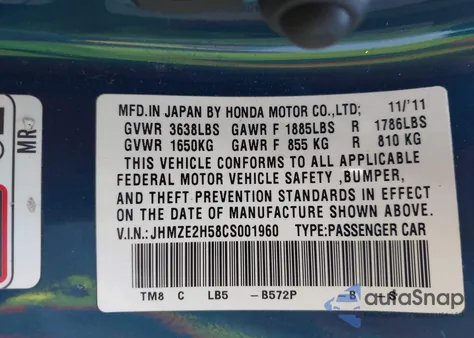 2012 Honda Insight Lx из США, поврежденный, VIN JHMZE2H58CS001960